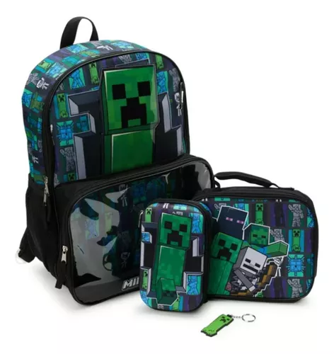 Mochila Minecraft Escolar C/ Lonchera Lapicera Y Id *sk Color Negro/verde
