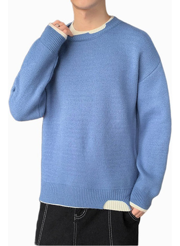 Contrast Trim Round Neck Plain Loose Sweater