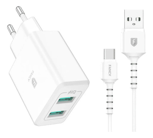 Carregador De Celular Duplo Usb + Cabo Tipo C Turbo Branco