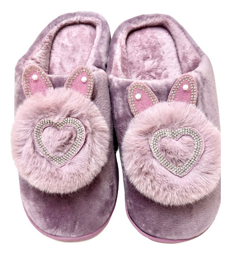 Pantuflas Lavanda Simil Piel Corazón Strasses 