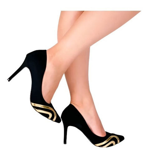 Imagem 4 de 6 de Scarpin Sapato Fechado Salto Fino Preto Com Filete Dourado