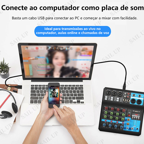 Mesa De Som Com Bluetooth 5 Canais Gravação Computador