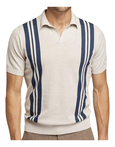 Polo De Punto Vintage A Rayas Para Hombre, Manga Corta