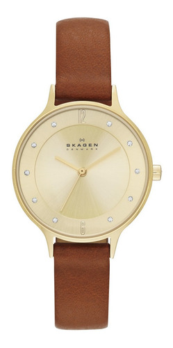 Reloj Skagen Modelo Anita Acero Inox Dorada Y Cuero Marrón