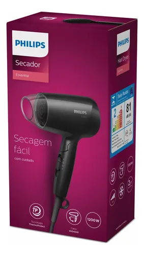 Philips Secador de Cabelo Essential 1200W Compacto com ThermoProtect Secagem prática e suave | Cabo dobrável para viagem
