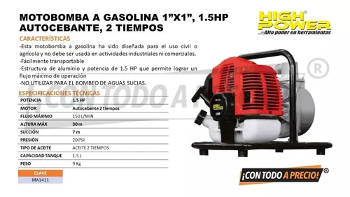 Motobomba Bomba De Agua A Gasolina 1x1 PuLG 1.5 Hp 150l/min