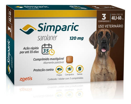 Pastilla antiparasitario para pulgas Zoetis Simparic para perro de 40.1kg a 60kg