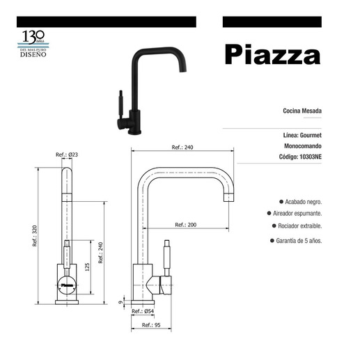 Grifo De Cocina Monocomando 10303 Piazza Gourmet Negro