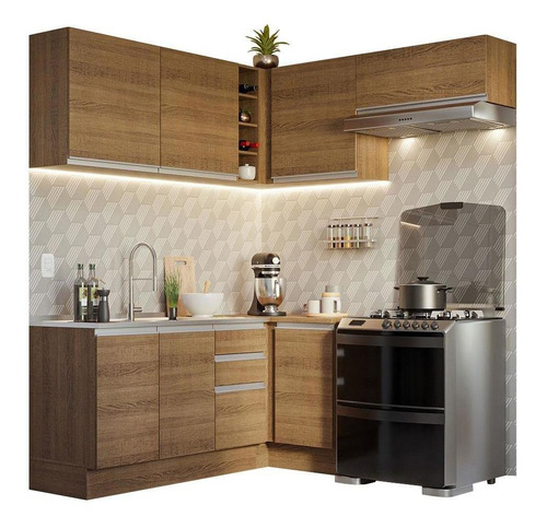 Armário De Cozinha Completa De Canto 349cm Madesa Glamy 07 R Cor Rustic