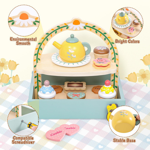 Juego De Té De Madera Para Niñas, Accesorios Incluidos