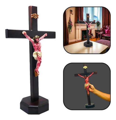 Crucifixo Mesa E Parede Madeira Cristo Chagado Resina 50 Cm