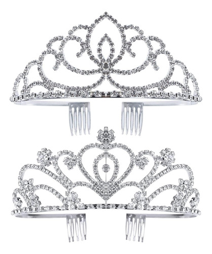 2 Pack Tiara Corona Mujeres Niñas Princesa Plata Crist...