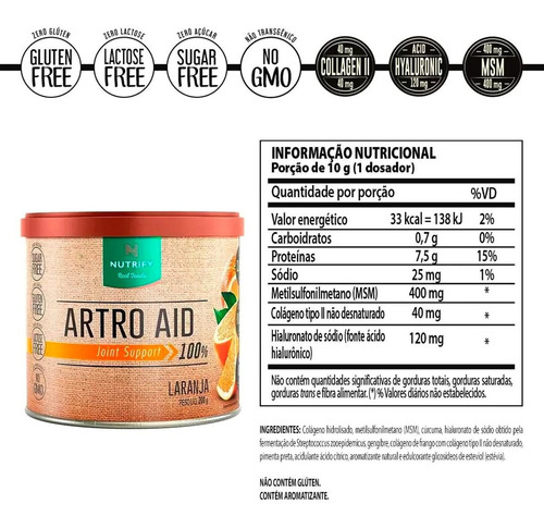 Suplemento Em Pó Nutrify Colágenos Artro Aid Joint Support Apoio Articular Tipo I Tipo Articulações Ácido Hialurônico Nutrientes Para Sabor Laranja Em Pote De 200ml