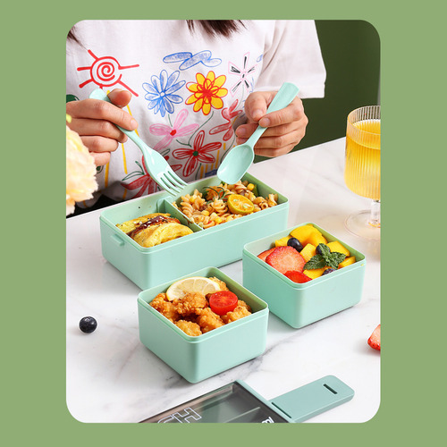 Bento Box De Dos Capas, Color Verde, Con Separador, De Plást