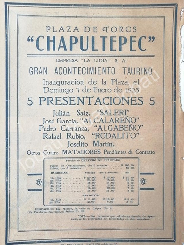 Cartel De Inuguran De La Plaza De Toros Chapultepec, 1923 45