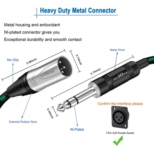 Augioth Xlr Macho A 1/4 Cable 15ft, Balance 6.35mm Trs Pl...