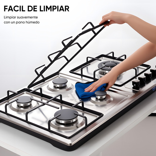 Parrilla Estufa Empotrable 5 Quemadores Gas Acero Inoxidable Plateado