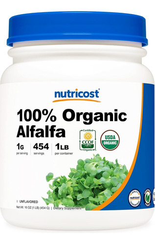 Polvo De Alfalfa Orgánica De 1 Libra, 100% Orgánico