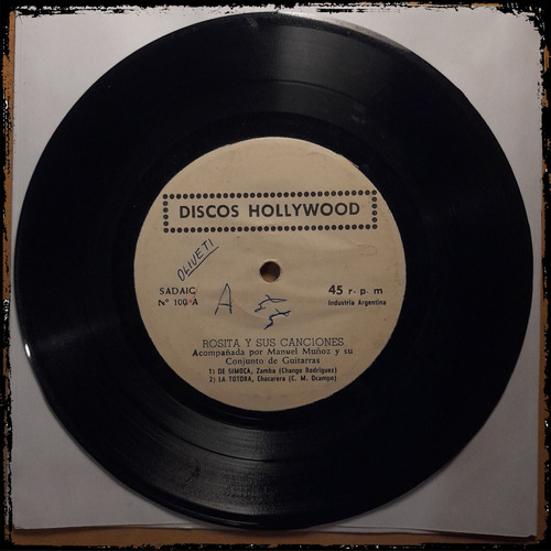 Rosita Y Sus Canciones - De Simoca - Hollywood Vinilo Single