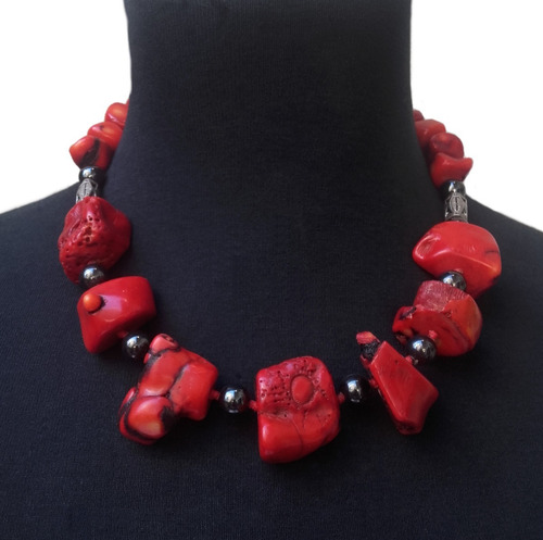 Csr1059 Collar Corto Piedra Hematite, Coral