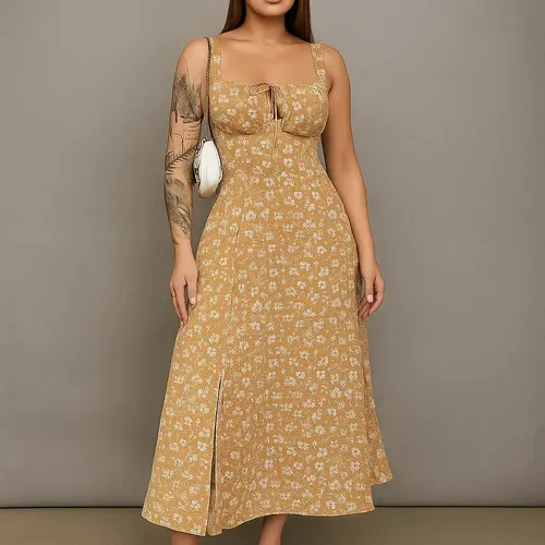 Ventura Vestido Midi Estampado Floral Com Fenda Lateral E Bojo
