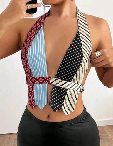 Top Y2k Tendencia Corbata Importada Estampado Descubierta