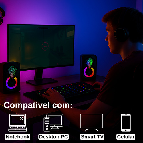 Caixa Caixinha De Som para Pc Computador Notebook Gamer Projetor Led Rgb Potente Usb P2 Cor Preto Digital Informática