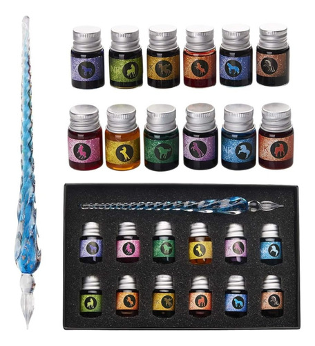 Kit Arte Caligrafia Pluma Vidrio Cristal 12 Tintas Colores