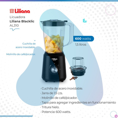 Imagen 2 de 9 de Licuadora Liliana Blacklic 600w Al310