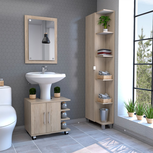 Espejo + Optimiza Lavamanos + Mueble Bath - Rovere / Blanco