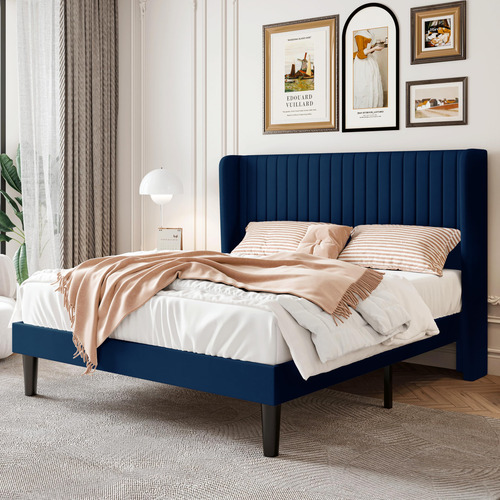 Base De Cama Matrimonial De Terciopelo Azul Con Cabecera Cap