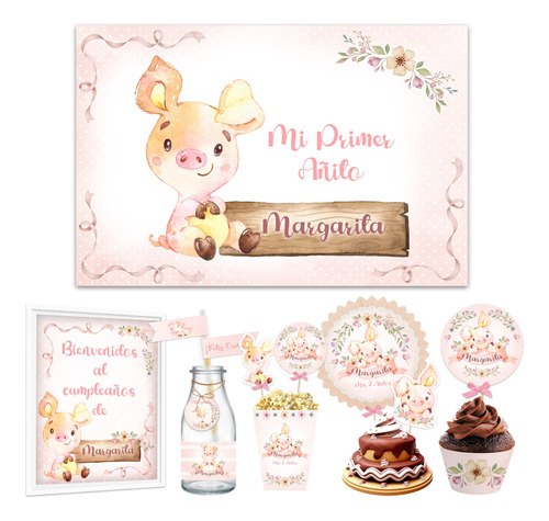 Kit Imprimible Cerdita Rosa Cumpleaños + Banner Rectangular 