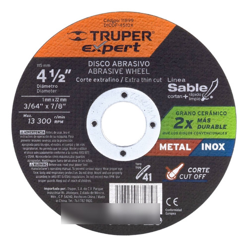 Disco De Corte 4-1/2 X 1mm Corte Fino Pack 5 Truper Expert