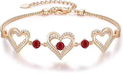 Pulsera Brazalete Corazones Plata Fina Cristal Rojo Rubi