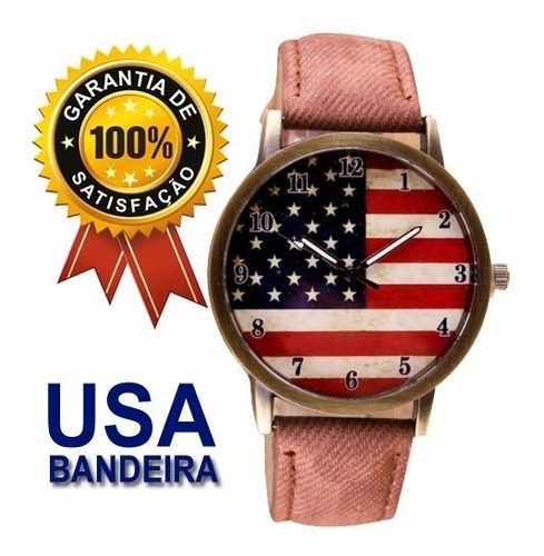 Relógio Vintage Bandeira Usa Pulseira Tecido Marrom