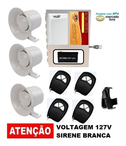 Botão Pânico Sem Fio 3 Sirene + 4 Controle + Fonte + Bateria