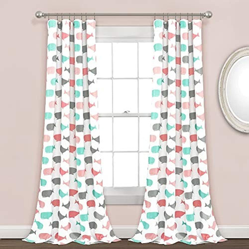 Lush Decor, Pink And Aqua Whale Curtains-animal Ocean Print 