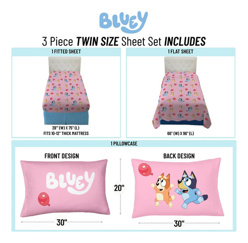 Juego Cama Individual Edredon 2 Vistas Sabanas Bluey 5pz Rosa Bluey