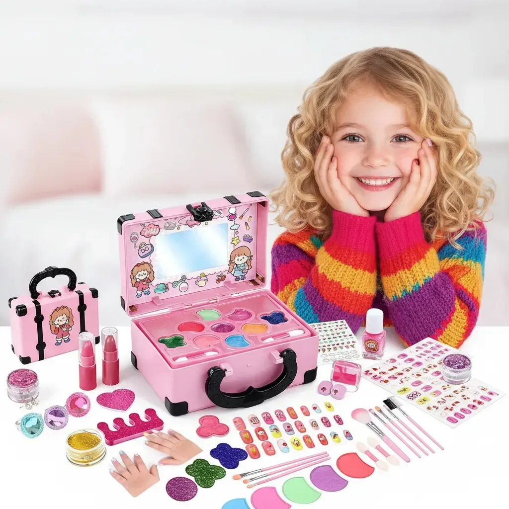 Imagen de Maquillaje Infantil para Niñas 33 Piezas, Juguete de Maquillaje Lavable con Fórmula Sin Tóxicos ASKR, Seguro para Piel Infantil，tocador para niña