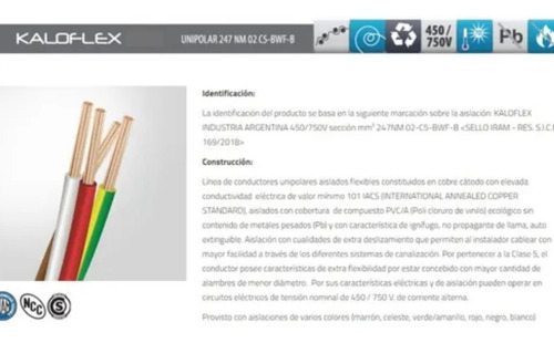 Cable Unipolar Kalop 2,5mm Normalizado Iram X100m Cat4