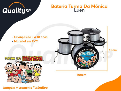 Bateria Infantil Luen Pop Turma Da Mônica Kids Preta E Prata