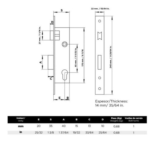 Imagen 6 de 7 de Cerradura De Embutir Cisa 83 Con 3 Llaves 20 Mm