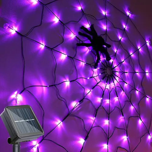 Moyac Telaraña de Halloween con luz solar y araña decorativa de 1,2 m para decorar tu casa en Halloween y Día de Muertos de forma fácil y llamativa