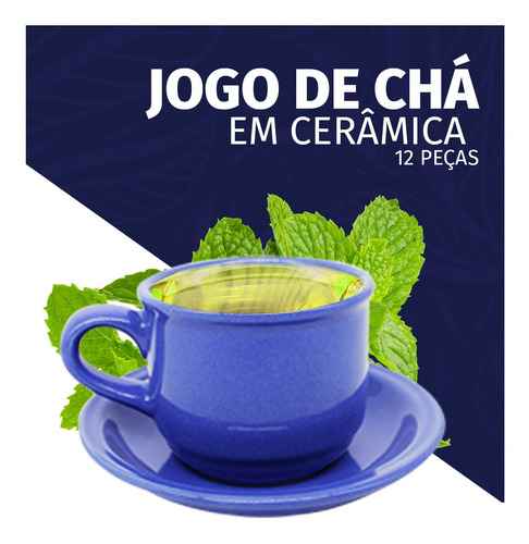Imagem 5 de 7 de Jogo De Xícaras De Cafe Chá 12pçs Azul Com Pires Ceramica