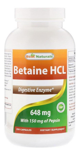 Imagem 1 de 1 de Betaíne Hcl 648 Mg Best Naturals 250 Cápsulas-pronta Entrega