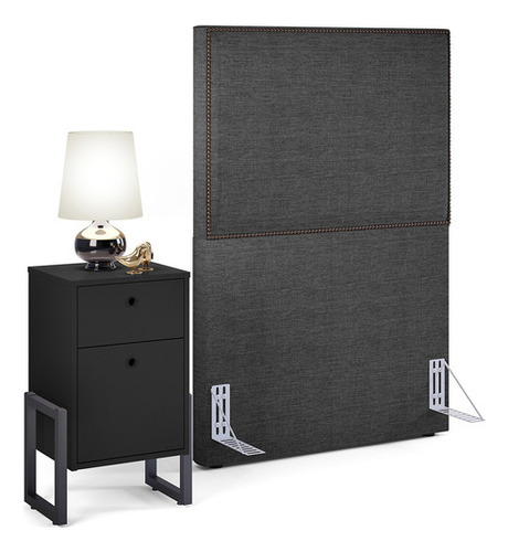 Cabeceira Vicenza 100cm Linho Cinza Escuro 1 Mesa Work Preto Cor Cinza-escuro