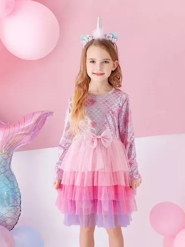 Vestido Infantil Barbie Sereia Manga Longa Em Tule Festa