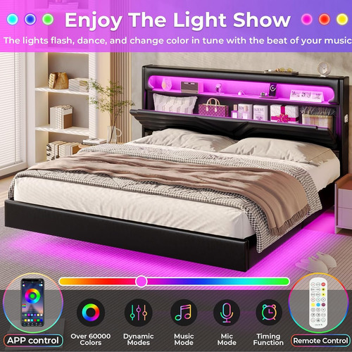 Base De Cama King Size C/ Cabecera Con Luz Led & Usb Black