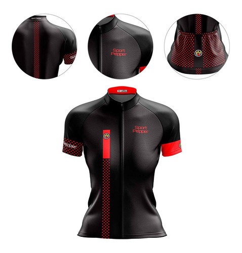 Camisa Sport Pepper Feminina Cherry Vermelha Preta Ciclismo