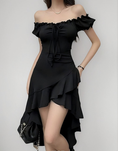 Casual Fiesta Moda Negro Ruffle Irregular Multi Wear Vestido